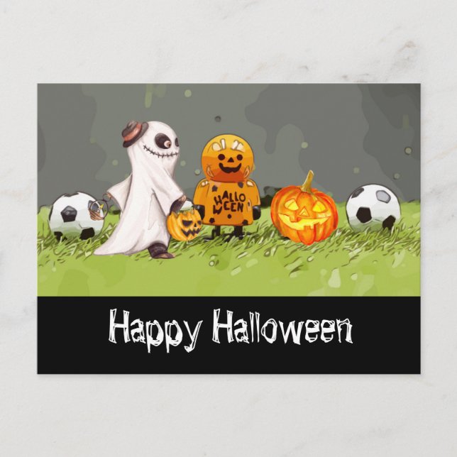 Fußballfröhliches Halloween mit Bälle auf grünem G Postkarte (Vorderseite)