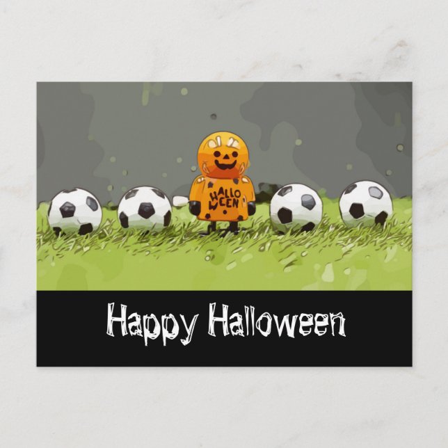 Fußballfröhliches Halloween mit Bälle auf grünem G Postkarte (Vorderseite)