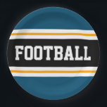 FUSSBALLOzean Aquamariner Schwarz-weißer Gelbstrei Pappteller<br><div class="desc">Dieses sportliche,  sportliche Design mit feinem FOOTBALL-Text in einem breiten,  schwarzen mittleren horizontalen Streifen,  ergänzt durch weiße und goldgelbe Rennstreifen gegen die aquamarinen blauen Außenstreifen des Ozeans. Der Text kann personalisiert sein.</div>