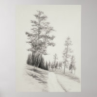Fußweg und Baumskizze, Vintage Ätzung, Bleistift