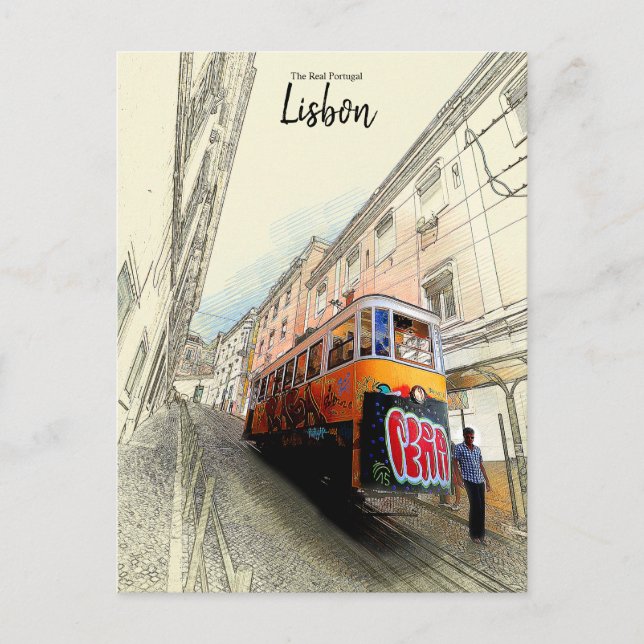 Fußweg zur Straßenbahn - Lissabon, Portugal Postkarte (Vorderseite)