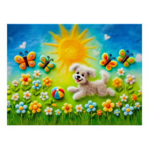 Fütter, der nach dem Ball in der Wiese läuft Poster