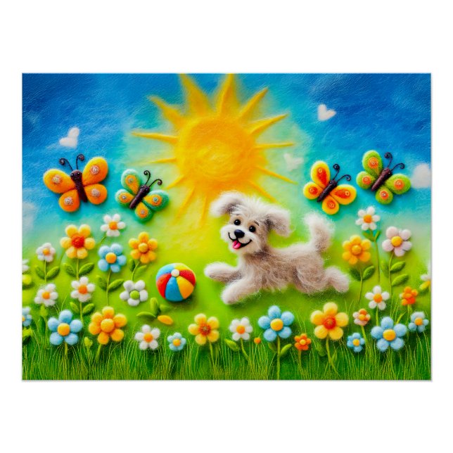 Fütter, der nach dem Ball in der Wiese läuft Poster (Vorderseite)