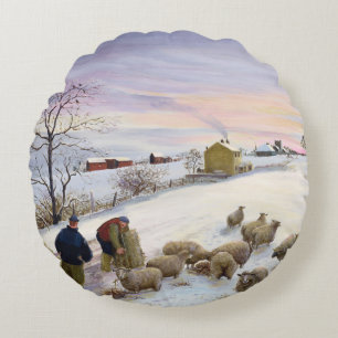 Füttern der Schafe im Winter Rundes Kissen
