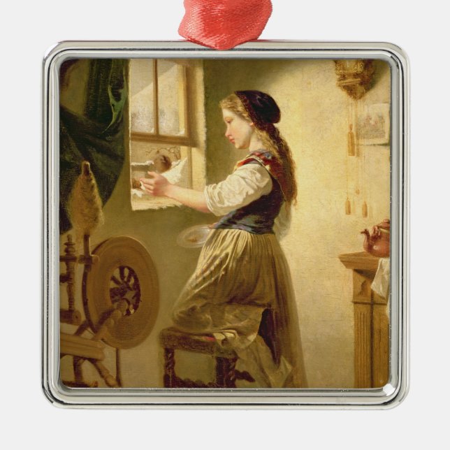 Füttern der Vögel im Winter Silbernes Ornament (Vorne)