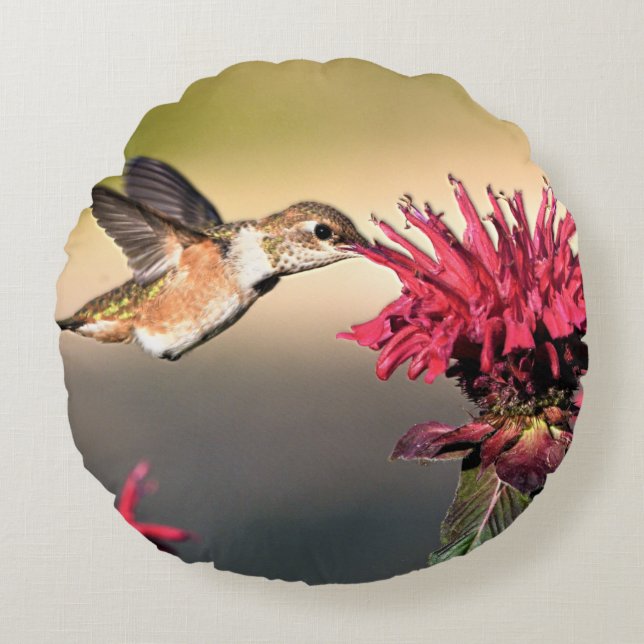 Fütternd Hummingvogel-Blume Rundes Kissen (Vorderseite)