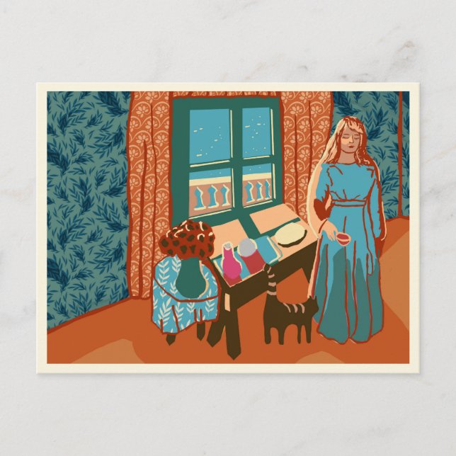 Fütternd Katze im Strandhaus an einem Sommertag Postkarte (Vorderseite)