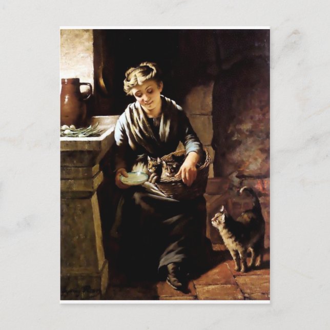 Fütternd Katzen antikes Gemälde Postkarte (Vorderseite)