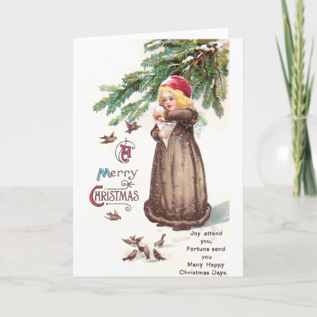 Fütternd Mädchen im Schnee Feiertagskarte (Vorderseite)