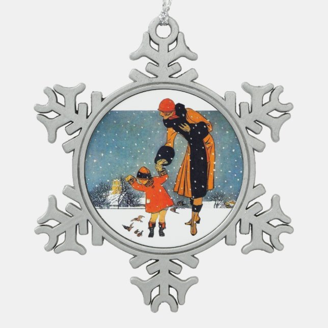 Fütternd Vögel im Schnee Schneeflocken Zinn-Ornament (Vorderseite)