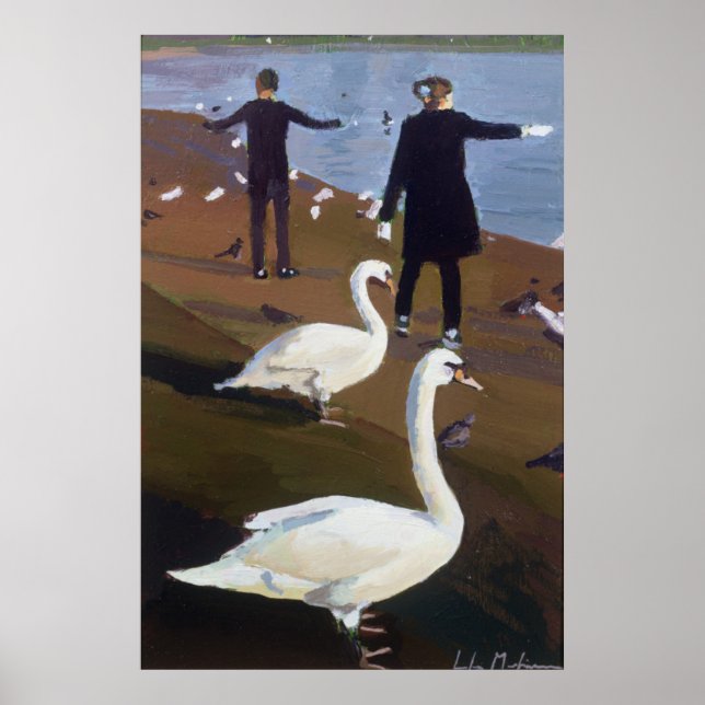 Füttre der Schwäne am runden Teich Poster (Vorne)