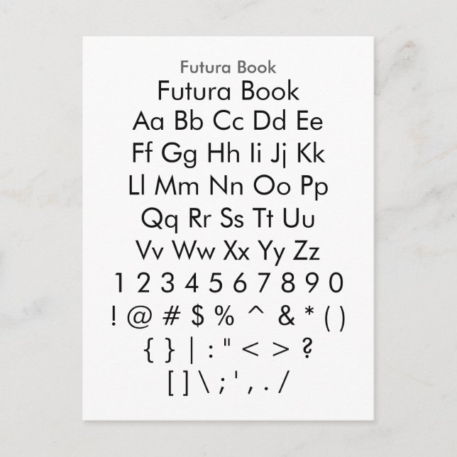 Futura Book - Zazzle-Schriftart-Musterblatt Postkarte (Vorderseite)