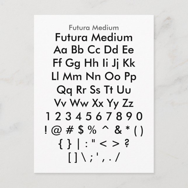 Futura Medium - Zazzle-Schriftart-Musterfolie Postkarte (Vorderseite)