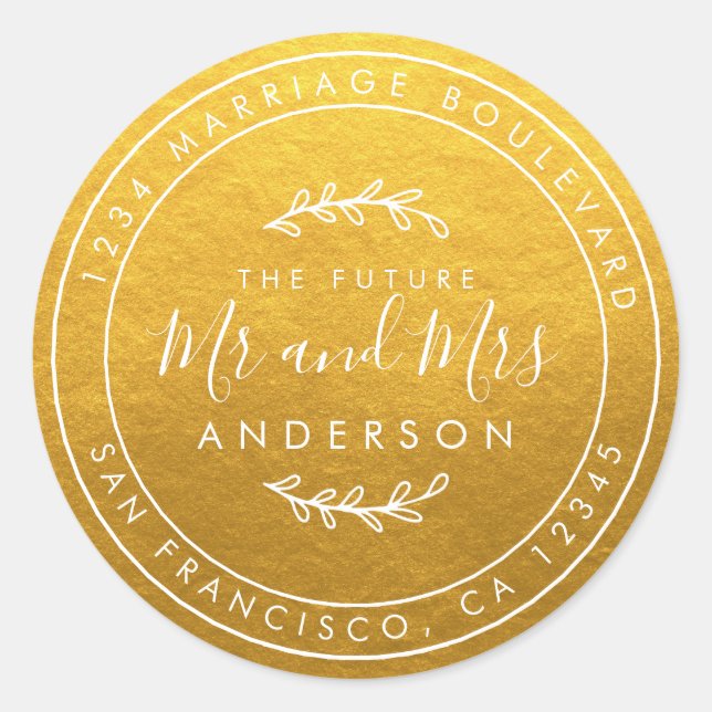Future Mr. Gold Wedding Rücksendeadresse Classic Runder Aufkleber (Vorderseite)