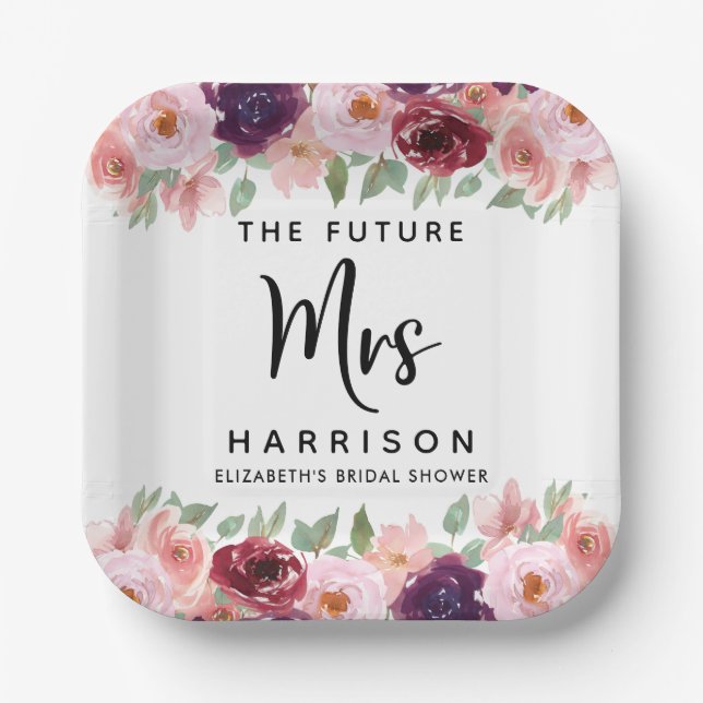Future Mrs Burgundy Floral Brautparty Pappteller (Vorderseite)
