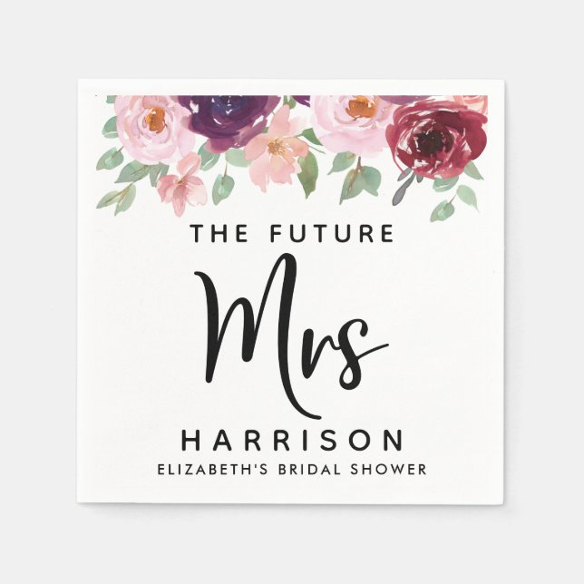 Future Mrs Burgundy Floral Brautparty Serviette (Vorderseite)