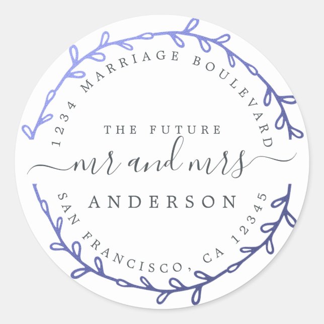 Future Mrs Dark Blue Wreath Wedding Rücksendeadres Runder Aufkleber (Vorderseite)