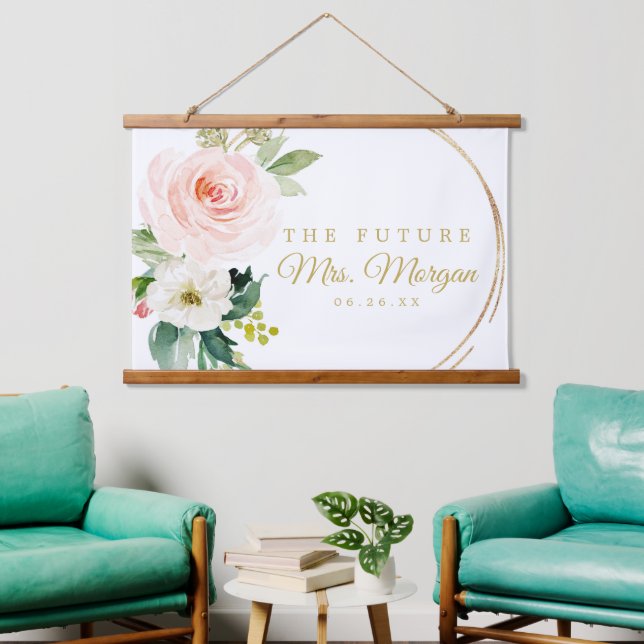 Future Mrs Gold Brautparty Decor Sign Wandteppich Mit Holzrahmen (Wohnzimmer)