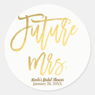 Future Mrs. Imitats Gold Foil Moderne Skriptfavori Runder Aufkleber