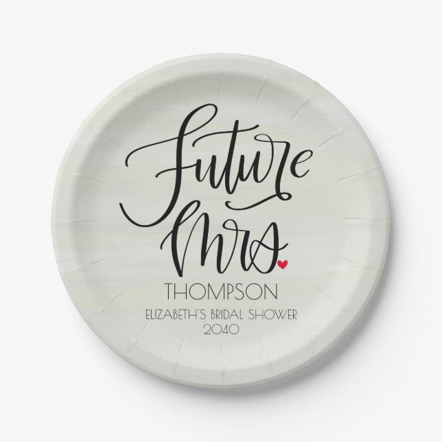 Future Mrs Whimsy Calligraphy Brautparty Pappteller (Vorderseite)