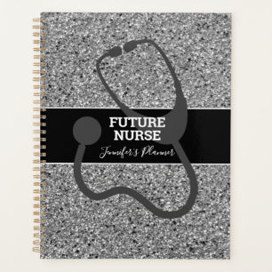 Future Nurse Black Silver Glitzer Stethoscope Name Planer