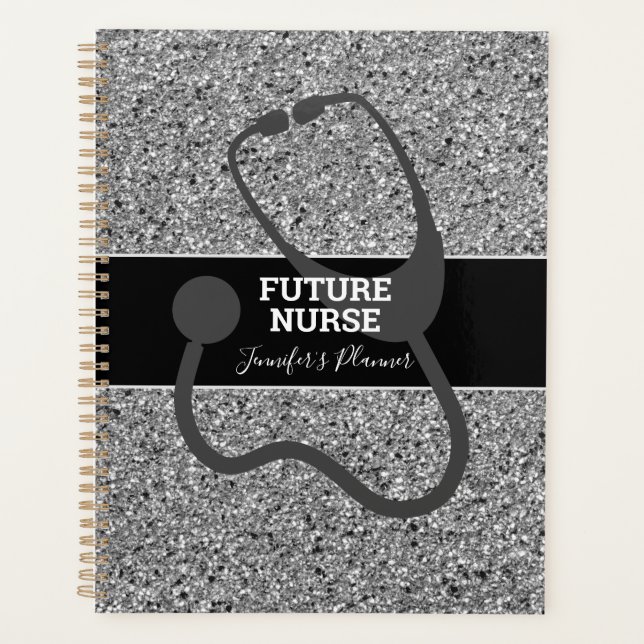 Future Nurse Black Silver Glitzer Stethoscope Name Planer (Vorderseite)