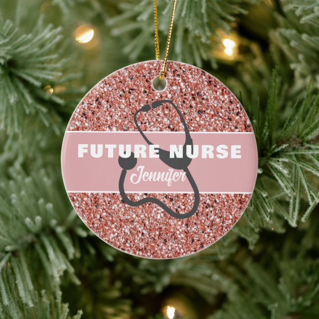 Future Nurse Medical Pink Glitzer Personalisiert Keramik Ornament (Baum)