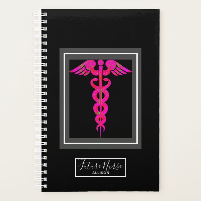 Future Nurse Pink Black Caduceus Personalisiert Planer (Vorderseite)