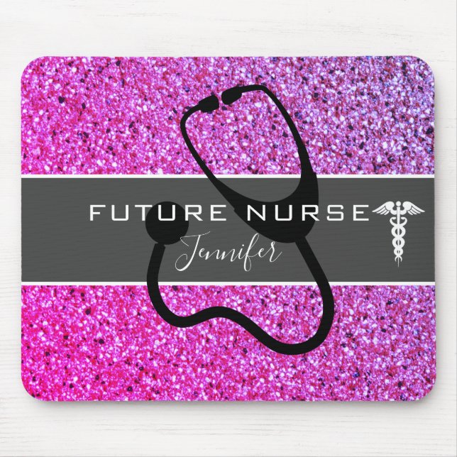 Future Nurse Stethoscope Lila Glitzer Name Mousepad (Vorne)