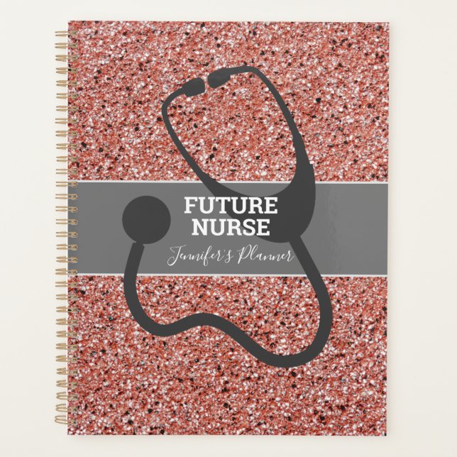 Future Nurse Stethoscope Pink Glitzer Personalisie Planer (Vorderseite)
