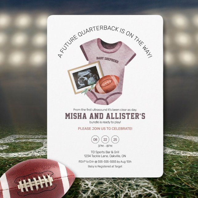 Future Quarterback Baby Shower Einladung (Football-themed baby shower invite celebrating your future quarterback’s arrival.)