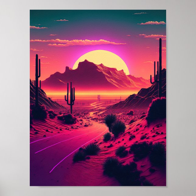 Futurist Horizons: Eine Synthwave-Bergwelt Poster (Vorne)