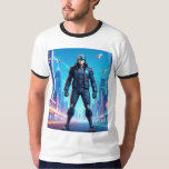 Futuristic Anime Cyberpunk Hero Standing in Neon C T-Shirt<br><div class="desc">High-quality anime illustration of a futuristic cyberpunk hero standing confidently in a neon-lit city at night. The character wears a black tactical suit with glowing goggles while flying drones move through the futuristic skyline,  creating a powerful sci-fi atmosphere perfect for anime,  cyberpunk,  and futuristic art lovers.</div>