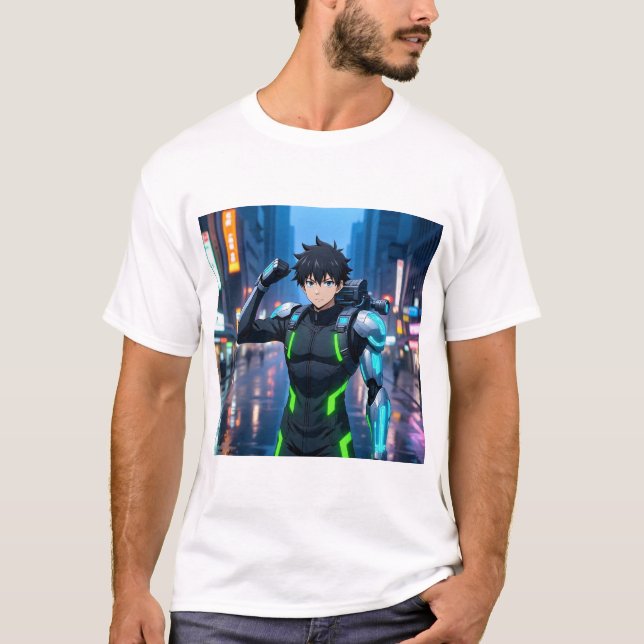 Futuristic Anime Cyborg Boy in Neon City – Sci-Fi  T-Shirt (Vorderseite)
