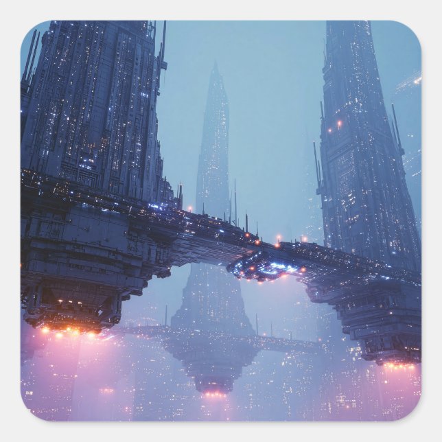 Futuristic Cityscape with Hovering Structures Quadratischer Aufkleber (Vorderseite)