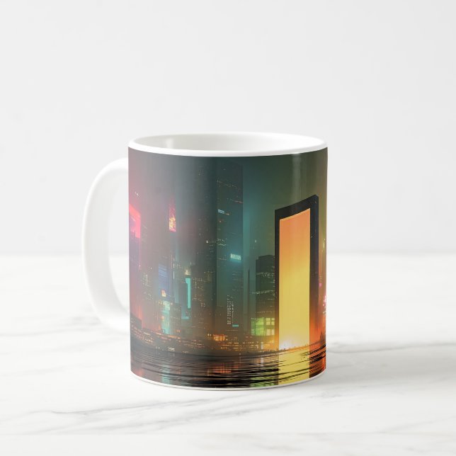 Futuristic Cityscape with Neon Reflections Kaffeetasse (Vorderseite Links)