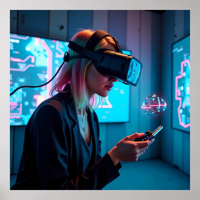 "Futuristic Cyber Gamer mit AR Visor AI Poster (Vorne)