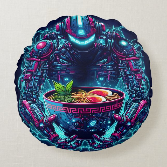 Futuristic Cyberpunk Robot Neon Food Ramen Rundes Kissen (Vorderseite)