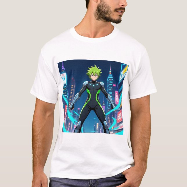 Futuristic Green-Haired Anime Hero in Cyberpunk Ci T-Shirt (Vorderseite)