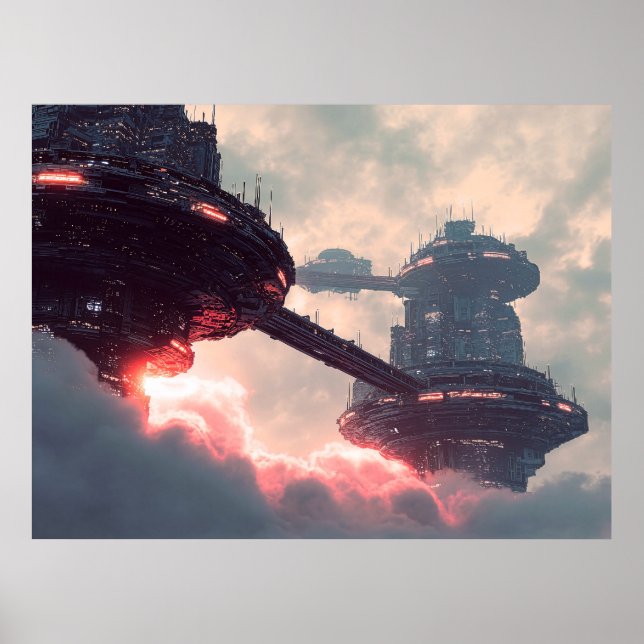 Futuristic platforms in the clouds at twilight poster (Vorne)