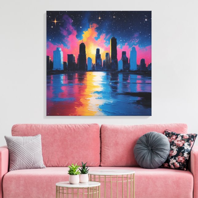 Futuristic Urban Skyline at Sunset Canvas Print  Leinwanddruck (Insitu (Wohnzimmer))