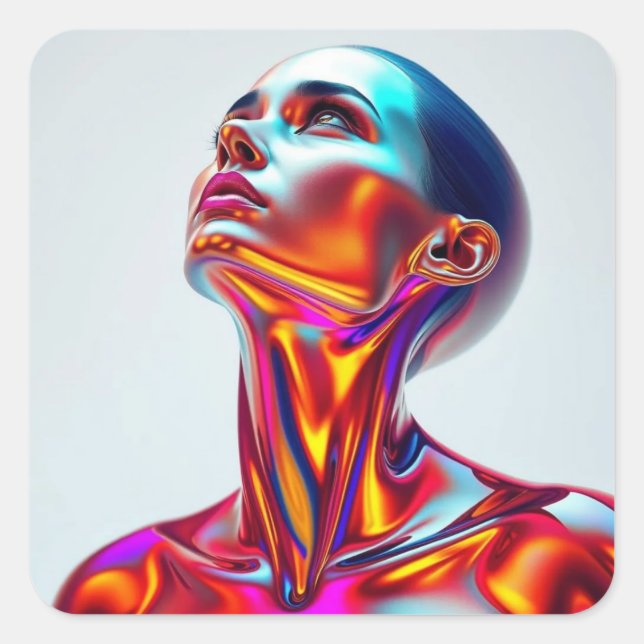 Futuristic woman portrait, sci-fi aesthetics, neon quadratischer aufkleber (Vorderseite)