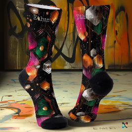 Futuristisch Abstrakt in Emerald, Orange, auf Blac Socken