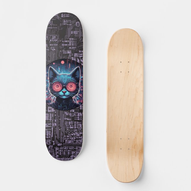 Futuristische Cyberkatze Skateboard (Vorderseite)