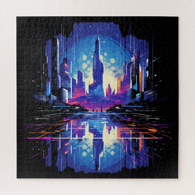 Futuristische Cyberpunk City Skyline Puzzle (Vertikal)