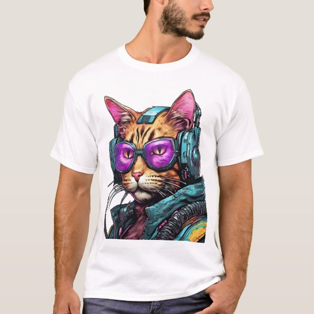 Futuristische Cyberpunk-Katze T-Shirt (Vorderseite)