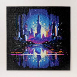 Futuristische Cyberpunk-Stadt-Silhouette Puzzle