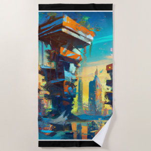 Futuristische Dystopische Stadt, AI-Generierte Mal Strandtuch