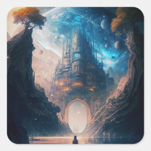 Futuristische Fantasy Castle Landscape Square Stic Quadratischer Aufkleber