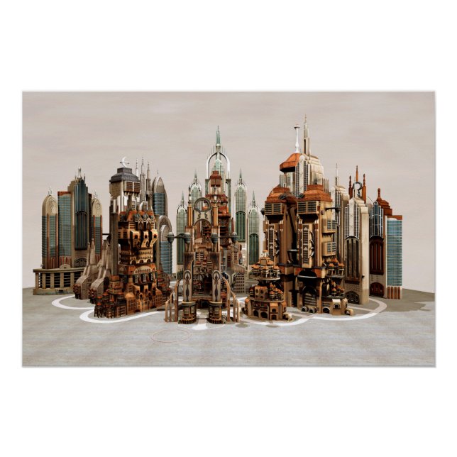 Futuristische Fantasy-Stadt Sci-Fi-Skyline-Kunst Poster (Vorderseite)